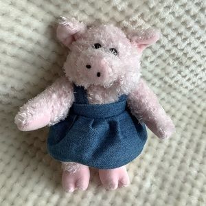 Vintage Chrisha Playful Plush Pink Pig Denim Dress Stuffed Animal Jointed Legs